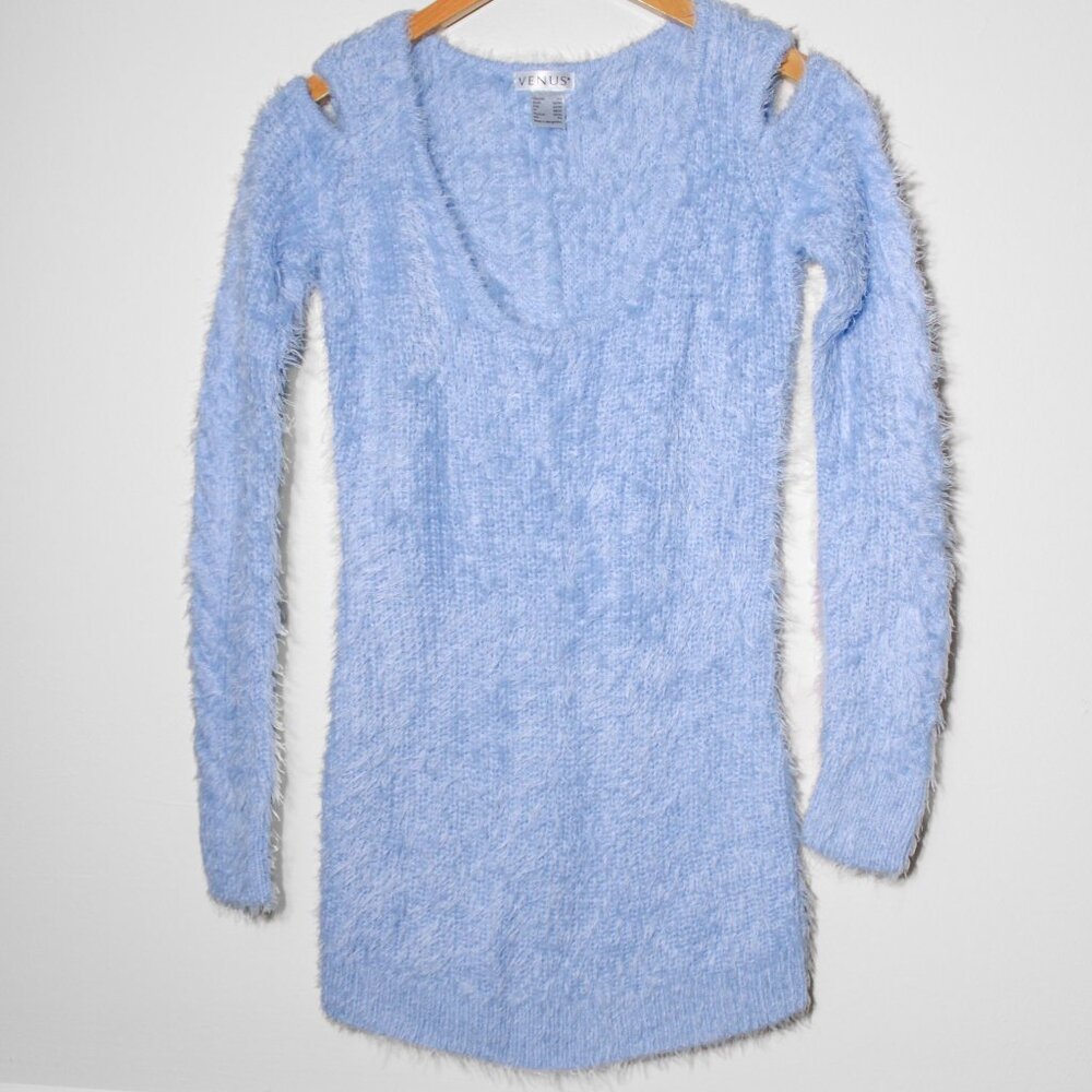 Venus Cold Shoulder Eyelash Sweater Light Blue Cozy Coquette Size XS
